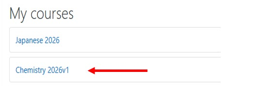My courses listed with a red arrow pointing to Chemistry 2026v1.