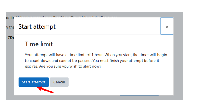 The start attempt pop up is displayed with an arrow pointing to Start Attempt.
