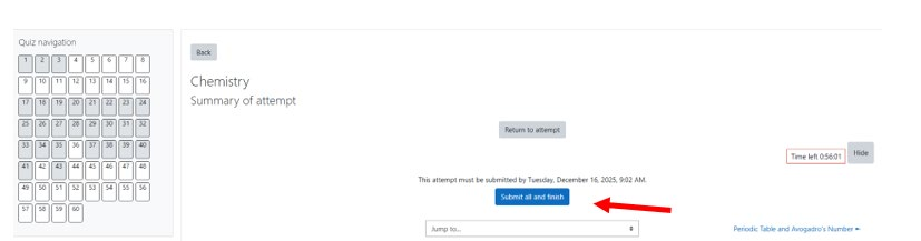 Test submission page is displayed with a red arrow pointing to Submit all and finish.