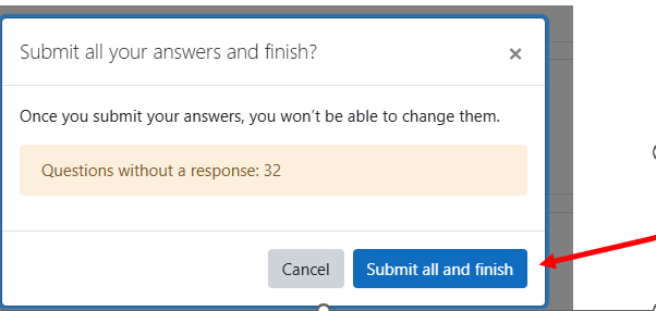 Submit all your answers and finish popup is displayed with number of questions not answered and a red arrow pointing to Submit all and finish.