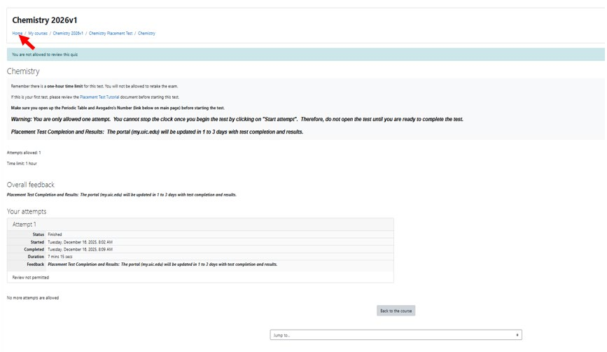 Chemistry 2026v1 submission page. It lists the attempt and overall feedback which includes when the test results will be available in the portal.